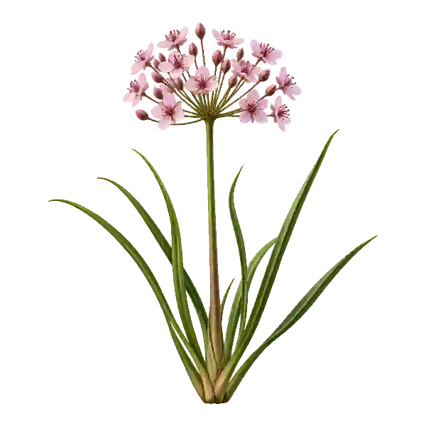 Flowering rush with narrow leaves and an umbrella-shaped cluster of pink flowers